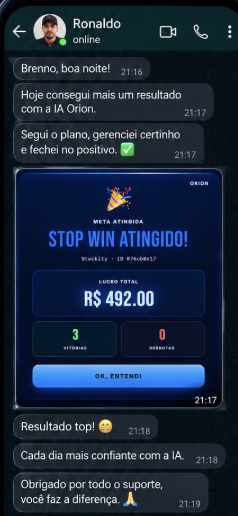 Conversa de um terceiro usuário da ORION relatando o resultado do dia